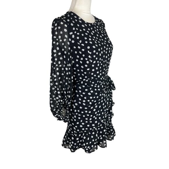 Princess Polly Mini Wrap Dress Black White Floral Long Sleeves Ruffled Hem Sz 6 - Picture 4 of 10